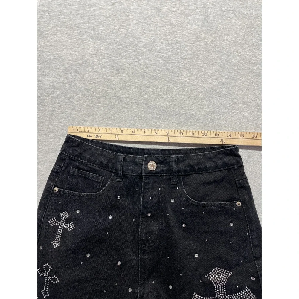 Mens Shorts 28 Black Dark Wash Denim Embellished Rhinestone Cross Cotton Casual